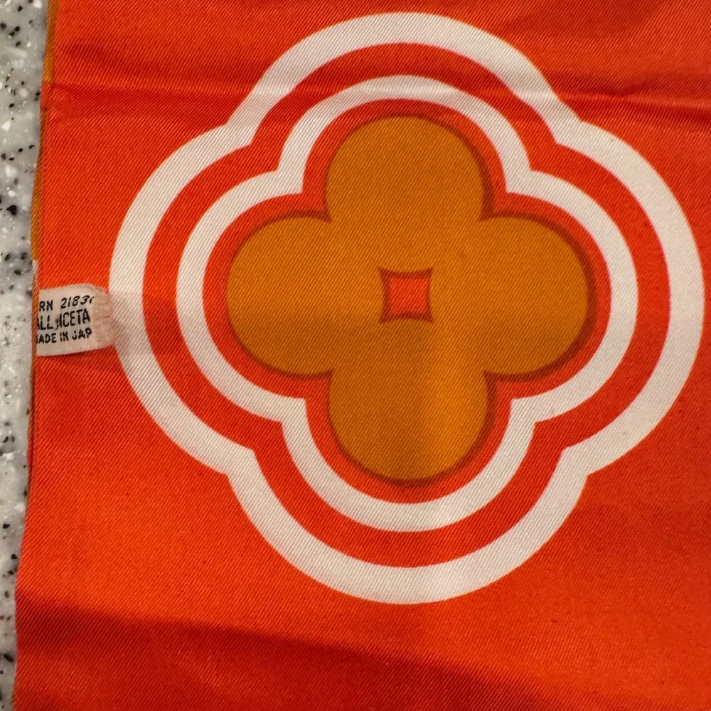 Vintage Japanese Obi Orange‎ Stripe Acetate Scarf with Floral Medallion 70x5.5